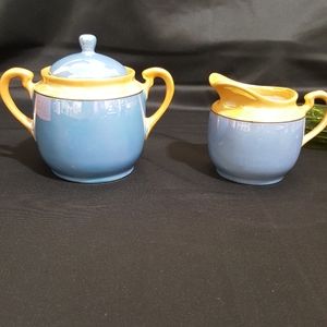 Antique Japanese lusterware opalescent blue and peach cream and sugar set